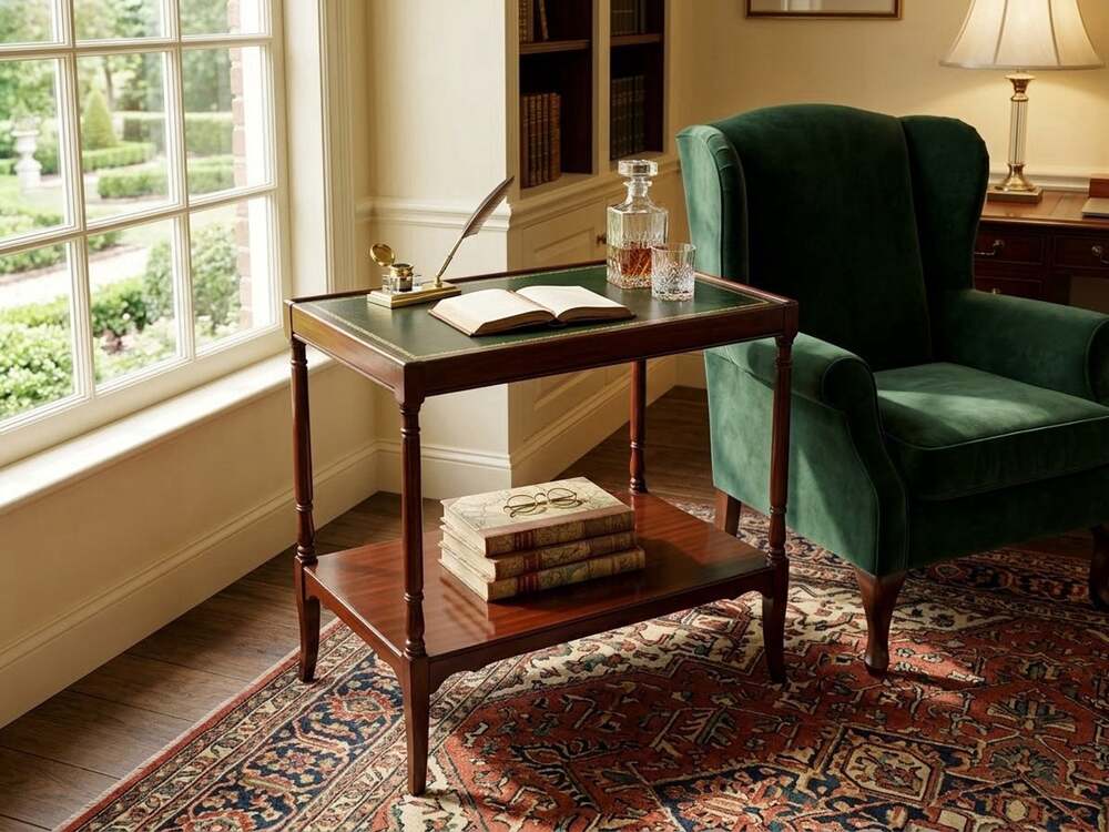 VTG 1955 Side Table Two-tier design lower wooden shelf ring-turned legs Green To